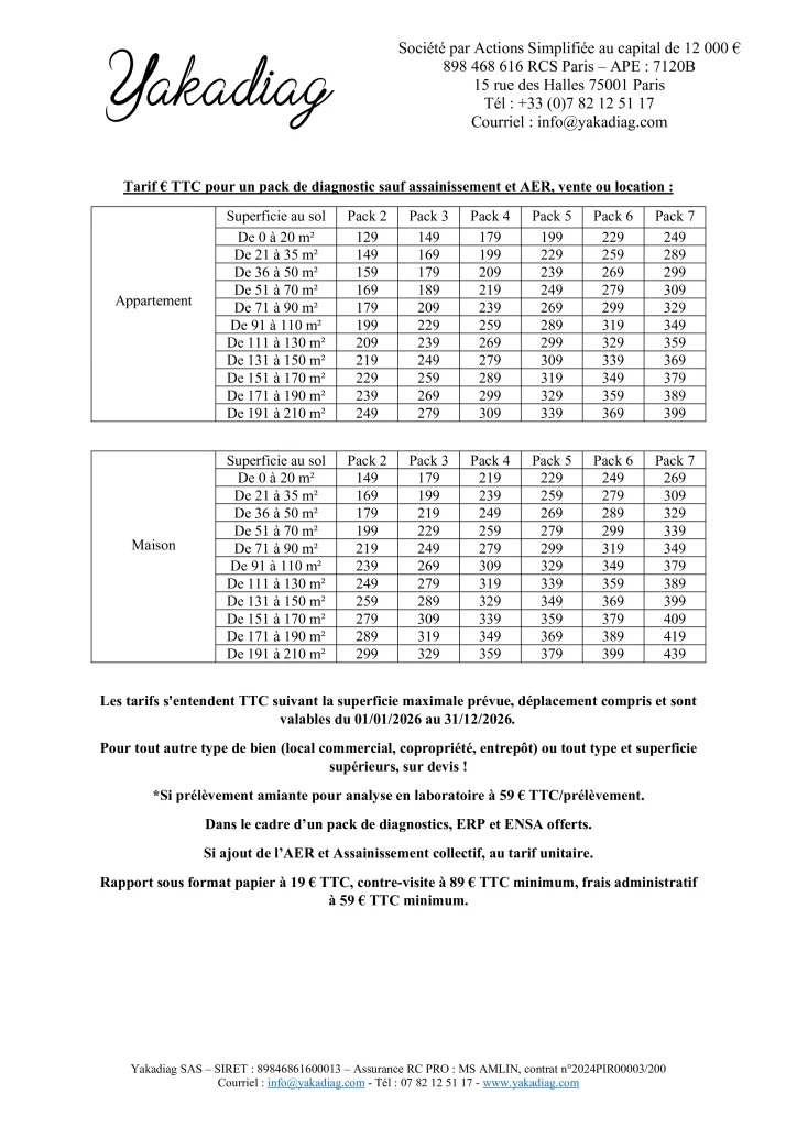 Tarif pack diagnostics Yakadiag Île-de-France